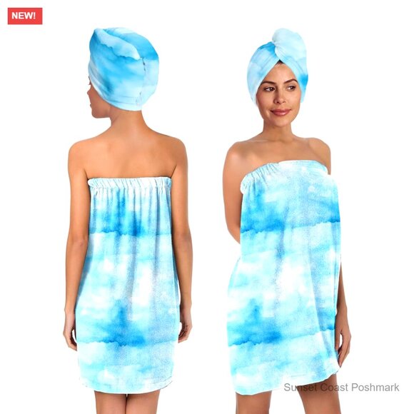 Spa Wrap Bath Towel Set with Hair Turban Cloud Print Design Towel Robe